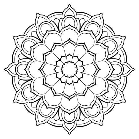 Contour mandala for color book. Monochrome illustration. Symmetrical pattern in a circle. A beautiful image for scrapbook. The template for printing on fabric. Picture for meditation and relaxation.のイラスト素材