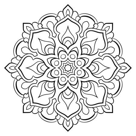 Contour mandala for color book. Monochrome illustration. Symmetrical pattern in a circle. A beautiful image for scrapbook. The template for printing on fabric. Picture for meditation and relaxation.のイラスト素材
