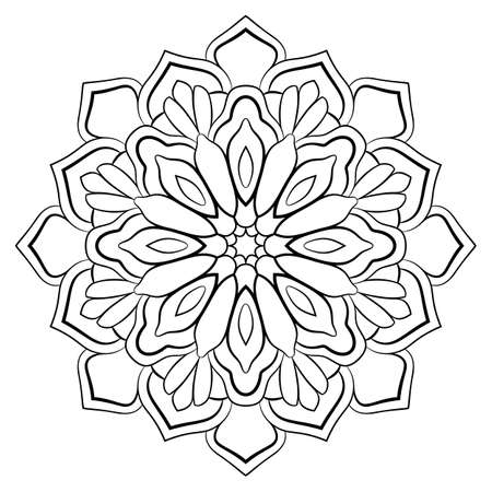 Contour mandala for color book. Monochrome illustration. Symmetrical pattern in a circle. A beautiful image for scrapbook. The template for printing on fabric. Picture for meditation and relaxation.のイラスト素材
