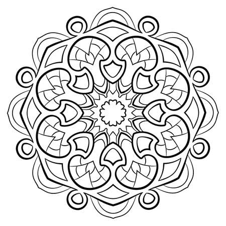 Contour mandala for color book. Monochrome illustration. Symmetrical pattern in a circle. A beautiful image for scrapbook. The template for printing on fabric. Picture for meditation and relaxation.のイラスト素材