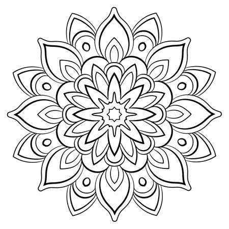 Contour mandala for color book. Monochrome illustration. Symmetrical pattern in a circle. A beautiful image for scrapbook. The template for printing on fabric. Picture for meditation and relaxation.のイラスト素材