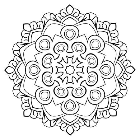 Contour mandala for color book. Monochrome illustration. Symmetrical pattern in a circle. A beautiful image for scrapbook. The template for printing on fabric. Picture for meditation and relaxation.のイラスト素材
