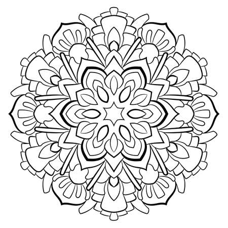 Contour mandala for color book. Monochrome illustration. Symmetrical pattern in a circle. A beautiful image for scrapbook. The template for printing on fabric. Picture for meditation and relaxation.のイラスト素材