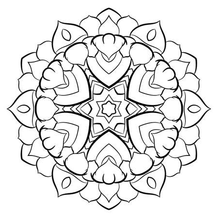 Contour mandala for color book. Monochrome illustration. Symmetrical pattern in a circle. A beautiful image for scrapbook. The template for printing on fabric. Picture for meditation and relaxation.のイラスト素材