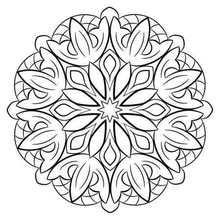 Contour mandala for color book. Monochrome illustration. Symmetrical pattern in a circle. A beautiful image for scrapbook. The template for printing on fabric. Picture for meditation and relaxation.のイラスト素材