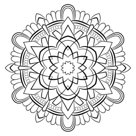Contour mandala for color book. Monochrome illustration. Symmetrical pattern in a circle. A beautiful image for scrapbook. The template for printing on fabric. Picture for meditation and relaxation.のイラスト素材