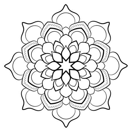 Contour mandala for color book. Monochrome illustration. Symmetrical pattern in a circle. A beautiful image for scrapbook. The template for printing on fabric. Picture for meditation and relaxation.のイラスト素材