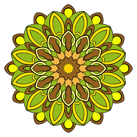 Colored mandala for color book. Symmetrical pattern in the circle.  Illustration for the album. Pattern for printing on fabrics. Figure for relaxation and meditation.のイラスト素材