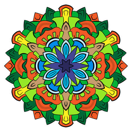 Colored mandala for color book. Symmetrical pattern in the circle.  Illustration for the album. Pattern for printing on fabrics. Figure for relaxation and meditation.のイラスト素材