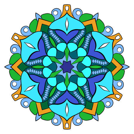 Colored mandala for color book. Symmetrical pattern in the circle.  Illustration for the album. Pattern for printing on fabrics. Figure for relaxation and meditation.のイラスト素材