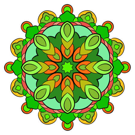 Colored mandala for color book. Symmetrical pattern in the circle.  Illustration for the album. Pattern for printing on fabrics. Figure for relaxation and meditation.のイラスト素材