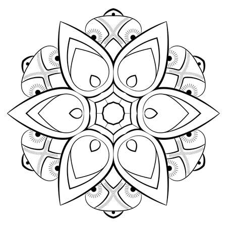 Contour mandala for color book. Monochrome illustration. Symmetrical pattern in a circle. A beautiful image for scrapbook. The template for printing on fabric. Picture for meditation and relaxation.のイラスト素材