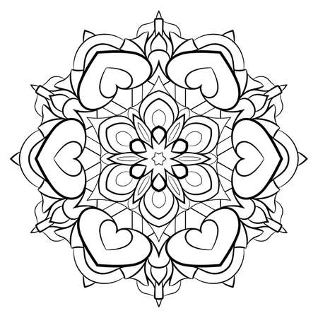 Contour mandala for color book. Monochrome illustration. Symmetrical pattern in a circle. A beautiful image for scrapbook. The template for printing on fabric. Picture for meditation and relaxation.のイラスト素材