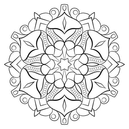 Contour mandala for color book. Monochrome illustration. Symmetrical pattern in a circle. A beautiful image for scrapbook. The template for printing on fabric. Picture for meditation and relaxation.のイラスト素材