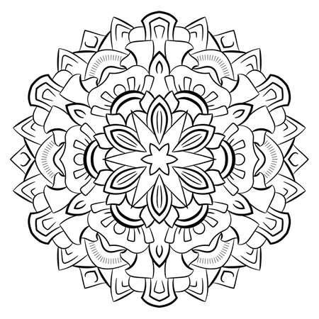 Contour mandala for color book. Monochrome illustration. Symmetrical pattern in a circle. A beautiful image for scrapbook. The template for printing on fabric. Picture for meditation and relaxation.のイラスト素材
