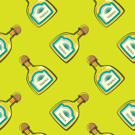 Tequila in seamless pattern. Template for printing on fabric. Illustration for decorating a bar. Alcohol on a green background.のイラスト素材