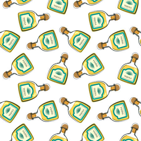 Tequila in seamless pattern. Template for printing on fabric. Illustration for decorating a bar. Alcohol on a white background.のイラスト素材