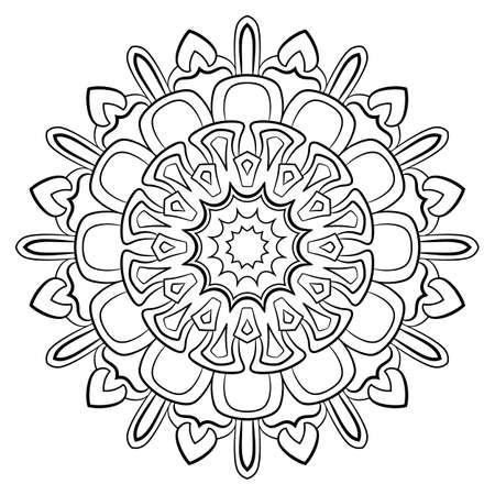 Contour mandala for color book. Monochrome illustration. Symmetrical pattern in a circle. A beautiful image for scrapbook. The template for printing on fabric. Picture for meditation and relaxation.のイラスト素材
