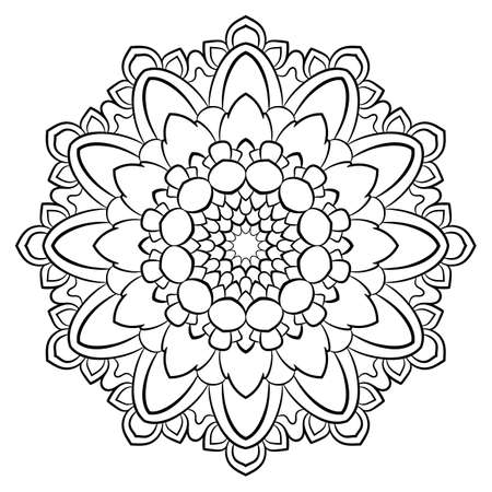 Contour mandala for color book. Monochrome illustration. Symmetrical pattern in a circle. A beautiful image for scrapbook. The template for printing on fabric. Picture for meditation and relaxation.のイラスト素材