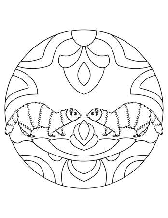 Pattern with ferrets. Illustration with a ferret. Mandala with an animal. Polecat in a circular frame. Coloring page for kids and adults.のイラスト素材