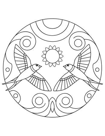 Pattern with Swallow. Illustration with a swallows. Mandala with an animal.  Swallow in a circular frame. Coloring page for kids and adults.のイラスト素材