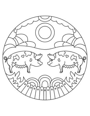 Pattern with farm pig. Illustration with a pig. Mandala with an animal. Swine in a circular frame. Coloring page for kids and adults.のイラスト素材