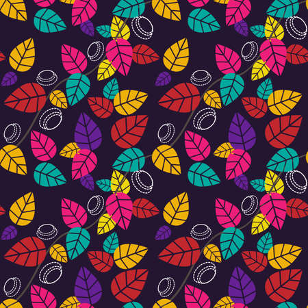 Autumnal seamless pattern of leaves. Colorful background for design. Template for printing on fabric. Texture for festive packaging. Illustration in retro style.のイラスト素材