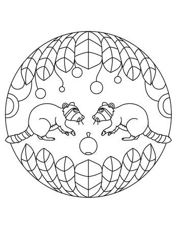 Raccoons pattern. Illustration of raccoons. Mandala with an animal.  Raccoons in a circular frame. Coloring page for kids and adults.のイラスト素材