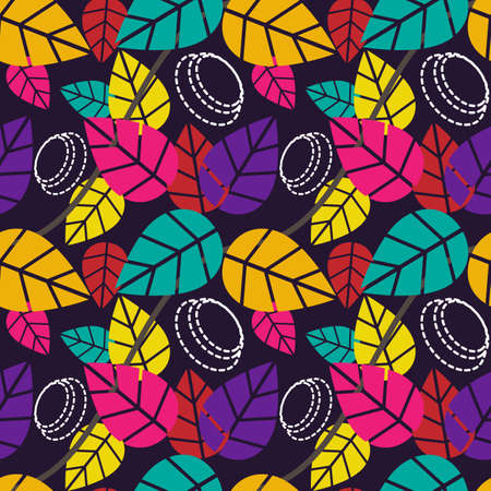Autumnal seamless pattern of leaves. Colorful background for design. Template for printing on fabric. Texture for festive packaging. Illustration in retro style.のイラスト素材