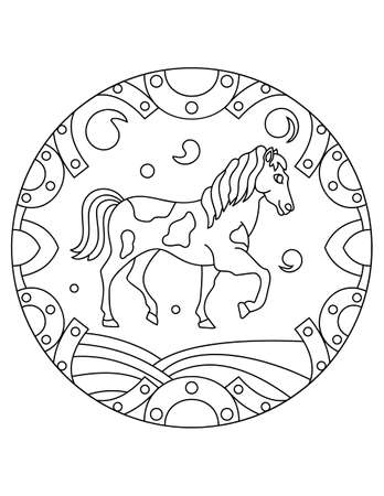 Pattern with a horse. Illustration with a wild horse. Mandala with an animal.  Farm horse in a circular frame. Coloring page for kids and adults.のイラスト素材