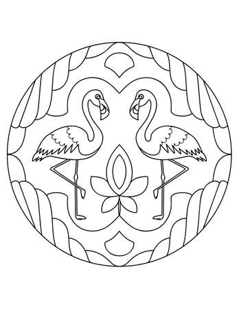 Flamingo pattern. Illustration with a bird. Mandala with an animal. Flamingo in a circular frame. Coloring page for kids and adults.のイラスト素材