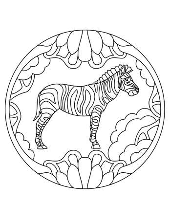 Zebra pattern. Illustration with zebra. Mandala with an animal.  Zebra in a circular frame. Coloring page for kids and adults. African animal for coloring.のイラスト素材