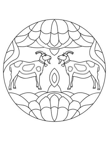 Pattern with a farm goat. Illustration with a goat. Mandala with an animal.  Goat in a circular frame. Coloring page for kids and adults.のイラスト素材