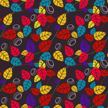 Autumnal seamless pattern of leaves. Colorful background for design. Template for printing on fabric. Texture for festive packaging. Illustration in retro style.のイラスト素材