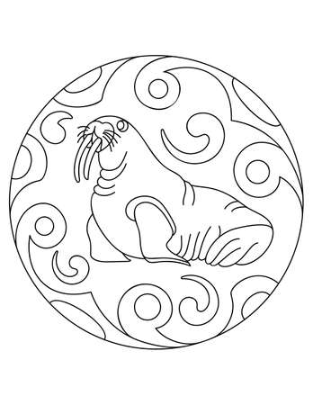 Pattern with a walrus. Illustration with a walrusl. Mandala with an sea animal.  Walrus in a circular frame. Coloring page for kids and adults.のイラスト素材