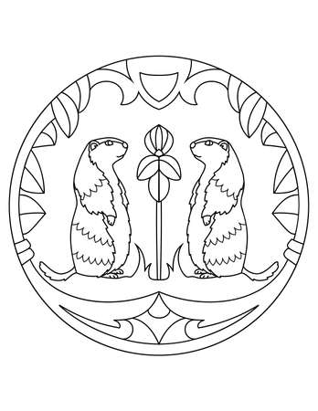 Pattern with marmots. Holiday groundhog day. Illustration with a rodent. Mandala with an animal. Groundhog in a round frame. Coloring page for kids and adults.のイラスト素材