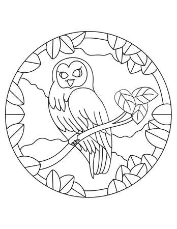 Owl pattern. Illustration of eagle-owl. Mandala with an animal. Owl in a circular frame. Coloring page for kids and adults. Predatory bird in nature. Night Hunter.のイラスト素材