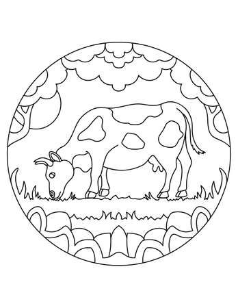 Cow pattern. Illustration of cow. Mandala with an farm animal.  Cow in a circular frame. Coloring page for kids and adults.のイラスト素材