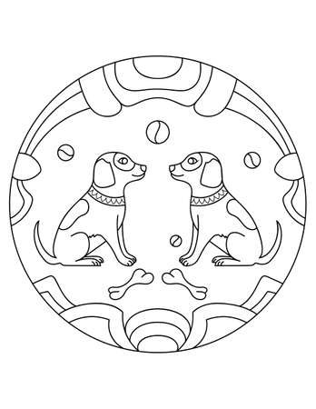 Dog pattern. Illustration of dogs. Mandala with an animal.  Dogs in a circular frame. Coloring page for kids and adults.のイラスト素材