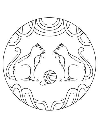 Cats pattern. Illustration of cat. Mandala with an animal.  Cat in a circular frame. Coloring page for kids and adults.のイラスト素材