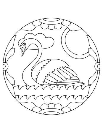 Pattern with swan. Illustration with a swan. Mandala with an animal. Swan in a circular frame. Coloring page for kids and adults.のイラスト素材