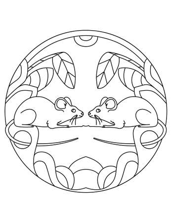 Pattern with a mouse. Illustration with a mouses. Mandala with an animal. Mouse in a circular frame. Coloring page for kids and adults.のイラスト素材