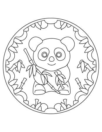 Pattern with panda. Illustration with a panda. Mandala with an animal. Panda in a circular frame. Coloring page for kids and adults.のイラスト素材