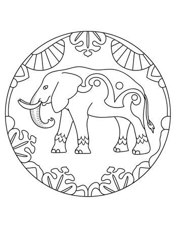 Pattern with elephant. Illustration with an elephant. Mandala with an animal. Elephant in a circular frame. Coloring page for kids and adults.のイラスト素材