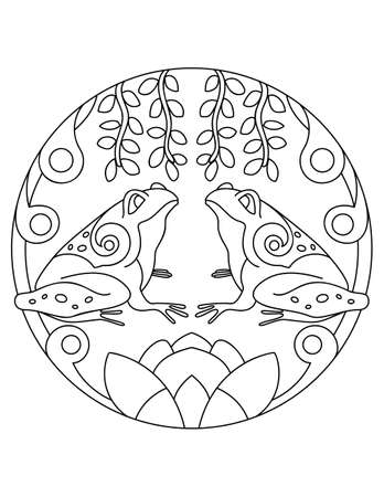 Pattern with frog. Illustration with a frogs. Mandala with an animal. Frog in a circular frame. Coloring page for kids and adults.のイラスト素材