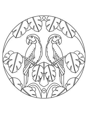 Pattern with parrots. Illustration with a parrot. Mandala with an animal. Parrot in a circular frame. Coloring page for kids and adults.のイラスト素材