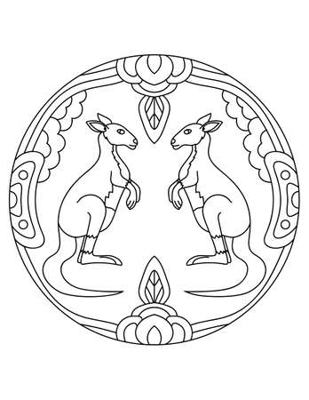 Kangaroo pattern. Illustration of Kangaroo. Mandala with an animal.  Kangaroo in a circular frame. Coloring page for kids and adults.のイラスト素材