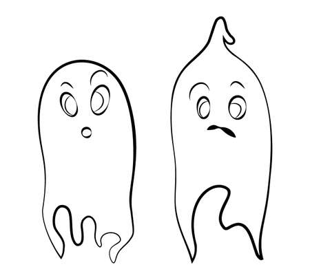 Contour ghosts on a white background. Cute black outline ghost. Characters for the celebration of Halloween. Ghosts with emotions.のイラスト素材