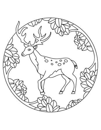 Deer pattern. Illustration with spotted deer. Mandala with an animal. Deer in a circular frame. Coloring page for kids and adults. Linear drawing of a herbivore.のイラスト素材