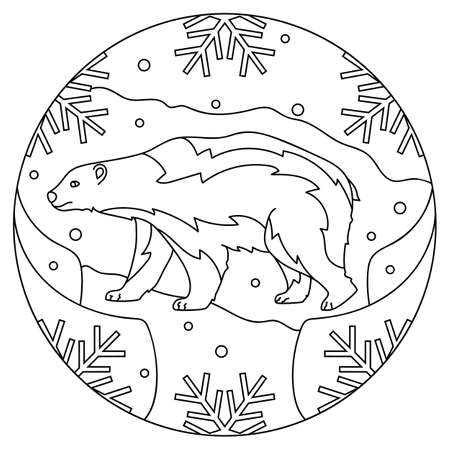 Pattern with polar bear. Illustration with a white bear. Mandala with an animal.  Bear in a circular frame. Coloring page for kids and adults.のイラスト素材